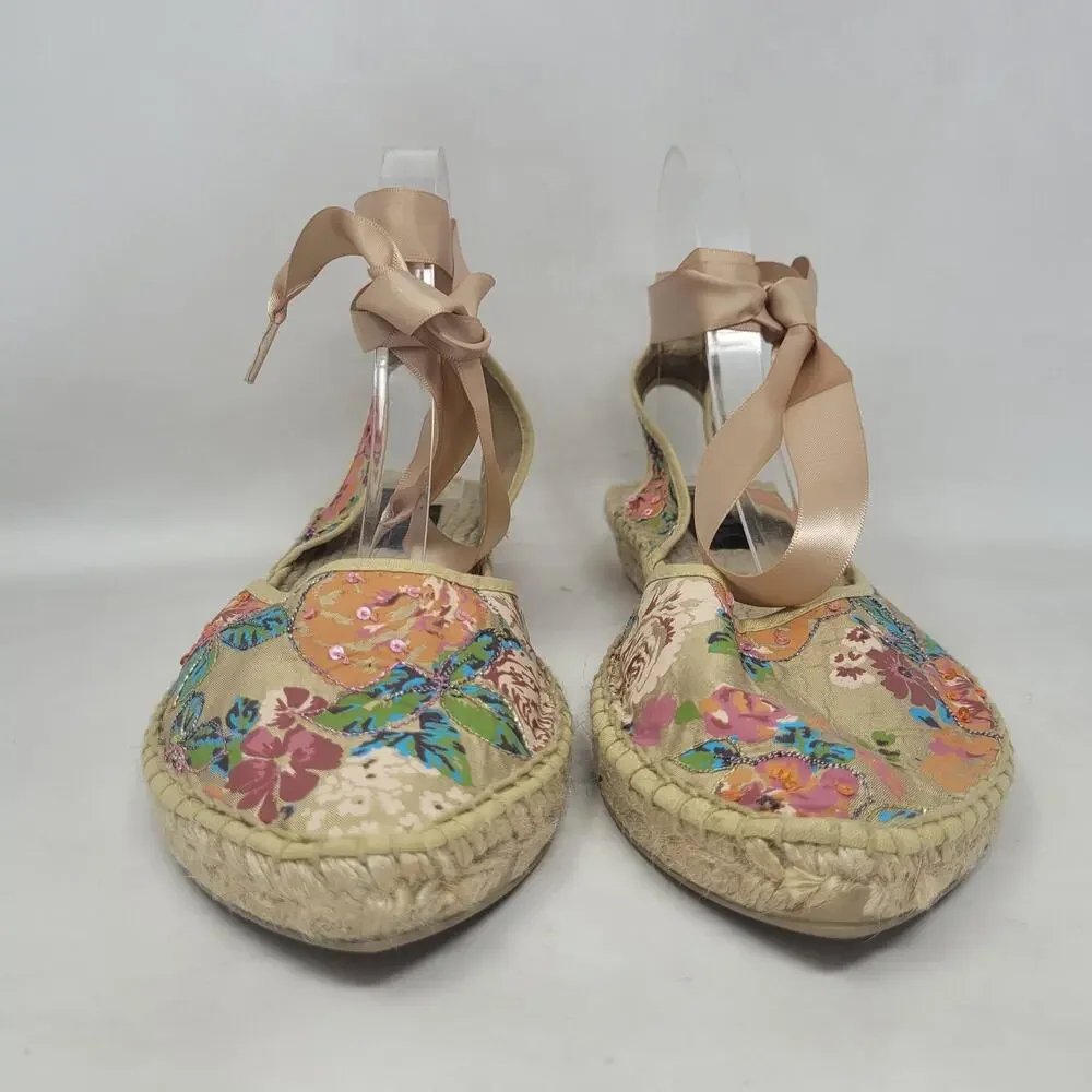 Marmi Sandals 10 Floral Espadrille Sequin Ribbon Tie Wedge Boho Floral Summer